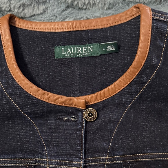 Lauren Ralph Lauren Dark Denim Jacket with Tan Leather Trim - Picture 2 of 6